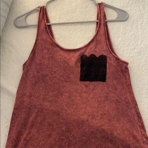 Purple-ish tank top with black lace breast pocket
